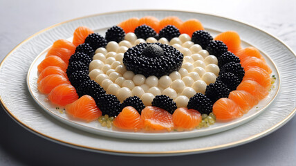 Indulging in the exquisite presentation of caviar delicately arranged on a plate with stunning garnishes, Generative AI
