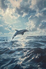 Fototapeta premium Two dolphins leaping from the ocean, with splashes and foam