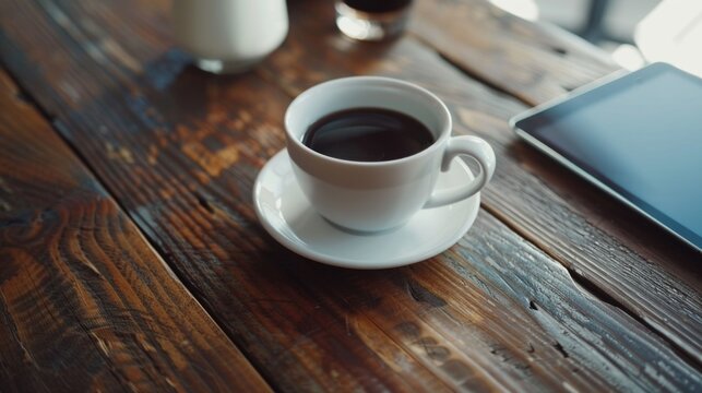 A person studies or works with a cup of coffee and a tablet on a wooden table, perfect for a quiet morning routine