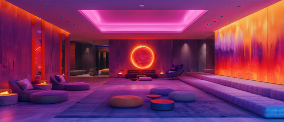 Obraz premium Minimalist lounge area with neon art and luxury seating