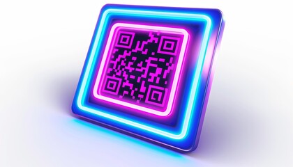A neon colored qr code with a blue and pink background