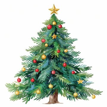 recommend clip art: This watercolor clip art features a festive Christmas tree decorated with colorful ornaments.