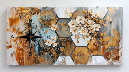  hexagonal blossoms and a vintage compass detail.