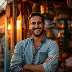 Fototapeta premium young adult Caucasian Business owner working infront of their shop smiling during sunset 