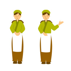 和風なユニフォームを着て笑顔で接客する女性のイラスト