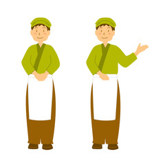 和風なユニフォームを着て笑顔で接客する男性のイラスト