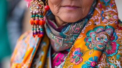 Fototapeta premium Close-up portrait of a woman wearing a colorful traditional headscarf with intricate embroidery and beaded earrings.