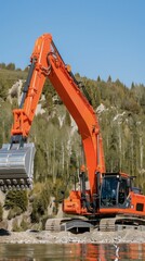 An excavator is unloading rocks into water at construction site