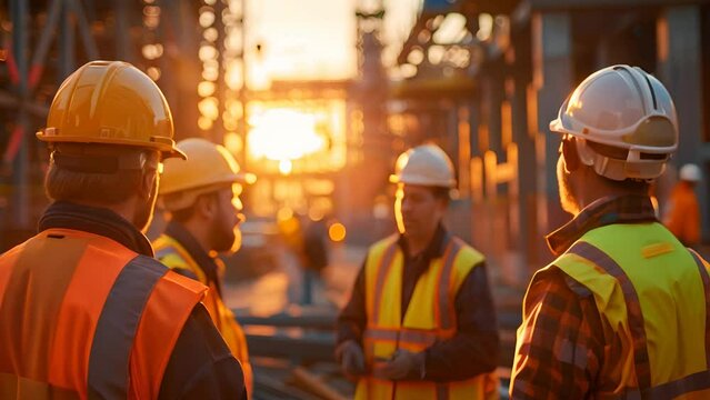 A group of construction workers wearing hard hats and high-visibility vests gathered at a worksite during sunrise