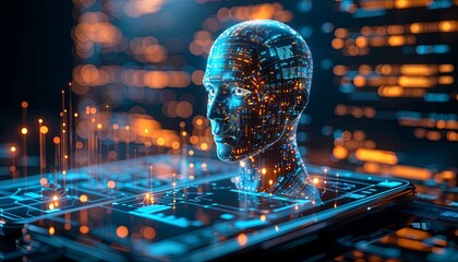 A computer screen shows a man's face with a lot of glowing lines