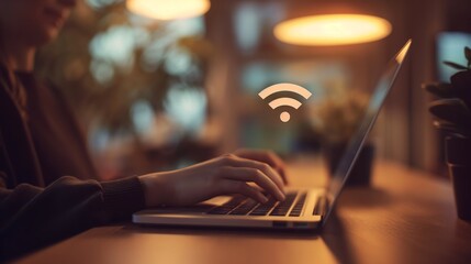 A male working on a laptop with a Wi-Fi icon overlay, suggesting online activity and digital communication in a relaxed atmosphere