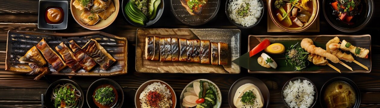 Top view of an izakaya spread featuring grilled mackerel, tofu dishes, and various side dishes, capturing the essence of Japanese cuisine
