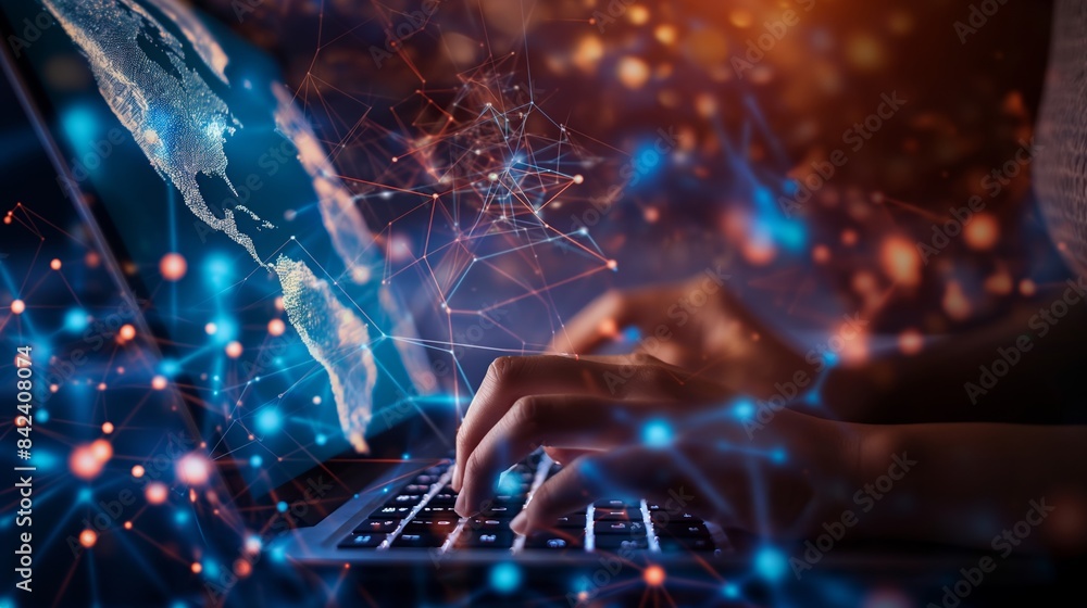 Poster a hooded figure is seen typing on a keyboard with a digital map and network connections in the backg