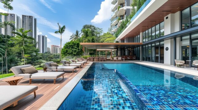 Modern residential buildings or apartment complexes with swimming pools and outdoor facilities, and new low-energy houses.