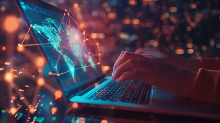 An individual is working on a laptop with a digital map overlay and glowing network nodes, symbolizing global connectivity