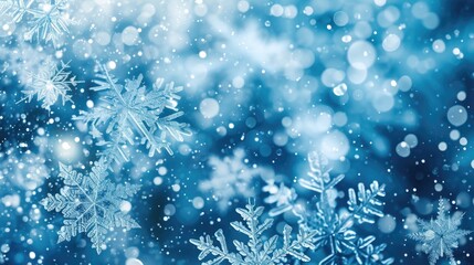 Falling snowflakes against a bright blue background, ideal for winter or cold weather themed projects