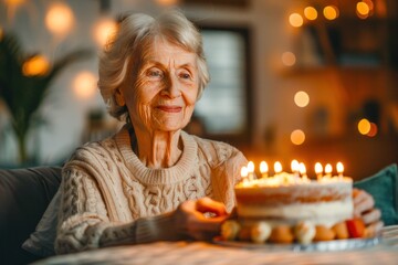 Elderly woman at table with birthday cake and lit candles