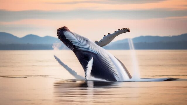 A majestic humpback whale breaches the surface of the ocean at sunset. The whale's impressive size and the golden hues of the setting sun create a breathtaking scene of natural beauty and power. 
