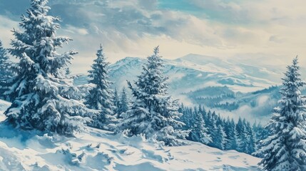 Obraz premium A serene winter landscape featuring a snowy mountain range with towering pine trees