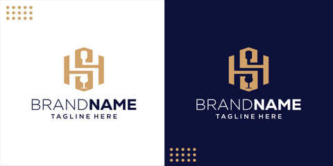 Creative logo of glass and wine bottle and Letter SH for restaurant and wine shop, Design Inspiration, Illustration, Vector