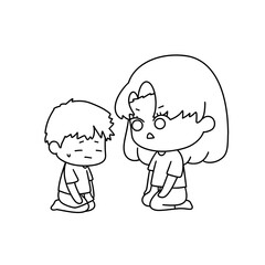 A girl is kneeling down to comfort a boy