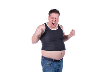 Fitness and healthy lifestyle. Funny fat guy on a diet. White background.