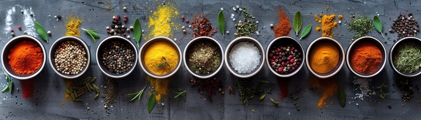 Top view of Dutch seasonings in cups, laid out on a table with an assortment of spices, highlighting their distinct features
