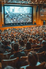 A large group of people seated in front of a screen, possibly watching a movie or presentation