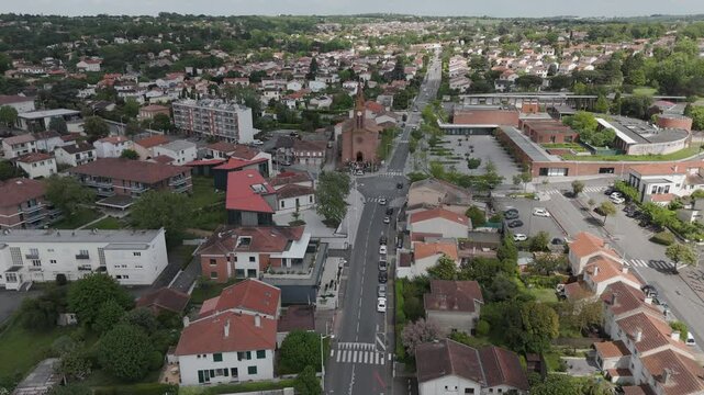 Aerial view of the Church of St. Joseph and surrounding urban area in Balma, Toulouse, France.