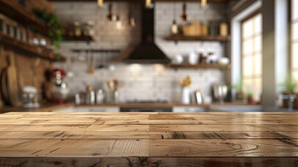 Blurred Kitchen Backdrop with Wooden Table Top, Ideal for Product Montage, Highlighting a Warm and Inviting Setting