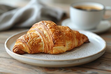 A fresh, golden-brown croissant on a white plate, accompanied by a steaming cup of black coffee in a white cup and saucer. Background: a rustic wooden table. 