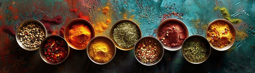 Top view of French seasonings in cups, arranged on a spicefilled table, showcasing vibrant colors and textures