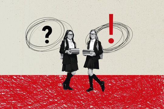Creative trend collage of funny girls question exclamation mark school day shopping kids education concept unusual fantasy billboard comics