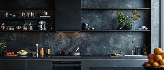 Modern kitchen with a solid black wall and metal shelves, sleek lines