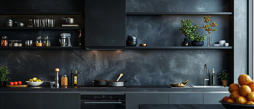 Modern kitchen with a solid black wall and metal shelves, sleek lines