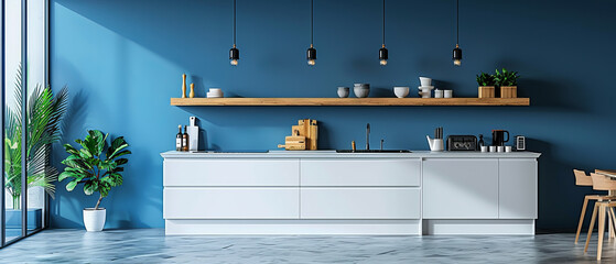 Modern kitchen with a solid blue wall and wooden shelves, sleek look