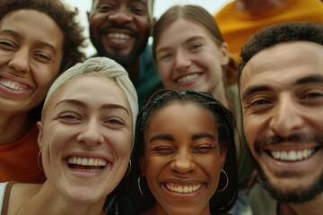 Fototapeta premium A group of people smile and pose for a camera, conveying happiness and friendliness