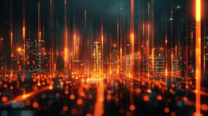 A cityscape at night with orange lights and blurred vertical lines representing data points, symbolizing the concept of big data in business analytics
