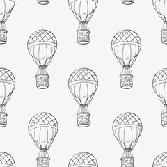 Monochrome black seamless pattern with hot air balloons. Endless background with contour of air transport hand drawn ink. Theme of journey drawn vector graphic line. Airship black white outline
