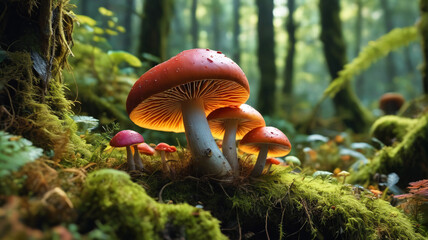 Capturing the vibrant colors and unique forms of mushrooms nestled in the mossy jungle, revealing the hidden beauty of fungal life, Generative AI