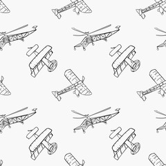 Retro air planes black white outline on seamless pattern. Endless vector background with simple monochrome aircraft, helicopter silhouette hand drawn ink. Various air transport in doodles style