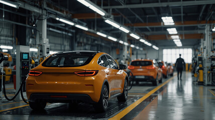 Obraz premium Industrial EV car production line, automatic electric car production.
