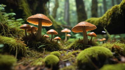 Fototapeta premium Exploring the micro-world of fungi in the jungle, where mushrooms grow from mossy substrates and form an essential part of the forest, Generative AI
