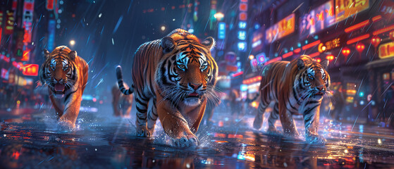 Multiple tigers making their way through a vibrant downtown area