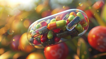 A close-up view of a bottle filled with many colorful pills
