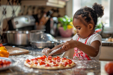 Black girl makes pizza in a home kitchen. Home bakery background