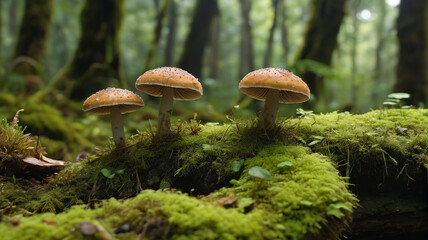 Investigating the relationship between mushrooms and moss in the jungle, where fungal growth patterns contribute to the forest's dynamic life, Generative AI
