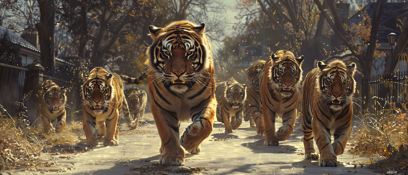 Multiple tigers seen on the streets of a suburban area