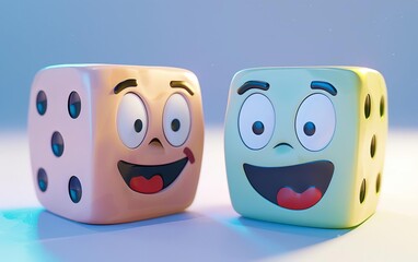 two playful dice with cheerful expressions. Cartoonish style, smooth lines, soft pastel colors