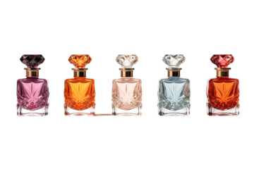 The Enchanted Quartet: Four Mesmerizing Bottles of Perfume on White or PNG Transparent Background.